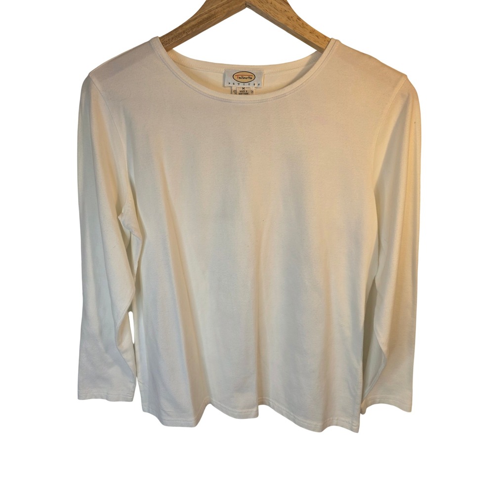Talbots Petites Womens Medium Cream Long Sleeve Crew Neck Stretch Cotton Top